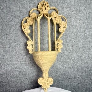 Vintage 70s Burwood Cream Ivory Faux Rattan Wall Planter MCM Mid Century Cottage
